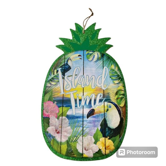 ISLAND TIME Pineapple Tiki Bar Beach Sign Luau Door Wall Decoration Parrots - Picture 3 of 9